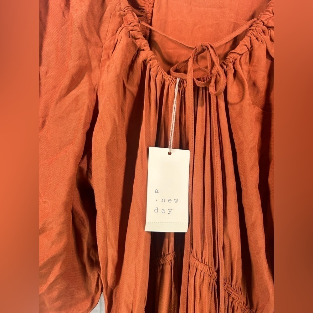 NEW A New Day Puff Sleeve Long Midi Ruched Dress Womens Crew Neck Tie Back Sz L - Picture 6 of 14